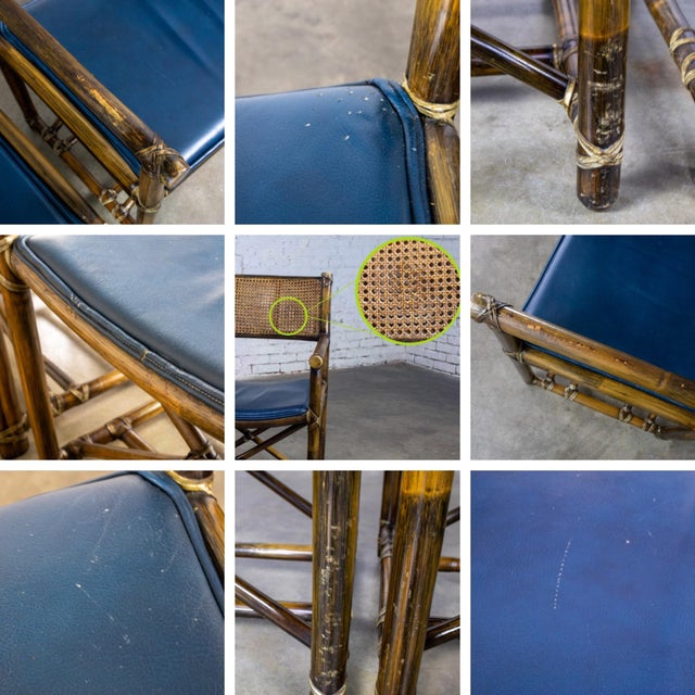 Late 20th Century Campaign Style Set of 8 Dining Chairs by McGuire Rattan Cane & Navy Leather For Sale - Image 15 of 18