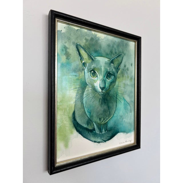 Figurative Earnest Eyes by Chris Hong | Watercolour on paper of a cat with green eyes For Sale - Image 3 of 4