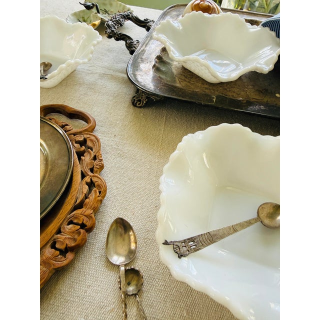 1960s 1960s MCM Hazel Atlas Diamond Cut Ruffled Milk Glass Bowls 6.25 Inch Vintage Scalloped Dessert Bowls - Set of 6 For Sale - Image 5 of 11