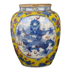 Chinese Vintage Ceramic Pot,Qing Dynasty Kangxi Marked Yellow Ground Blue and White Porcelain Jar Hand Painted Cloud Dragon Pattern