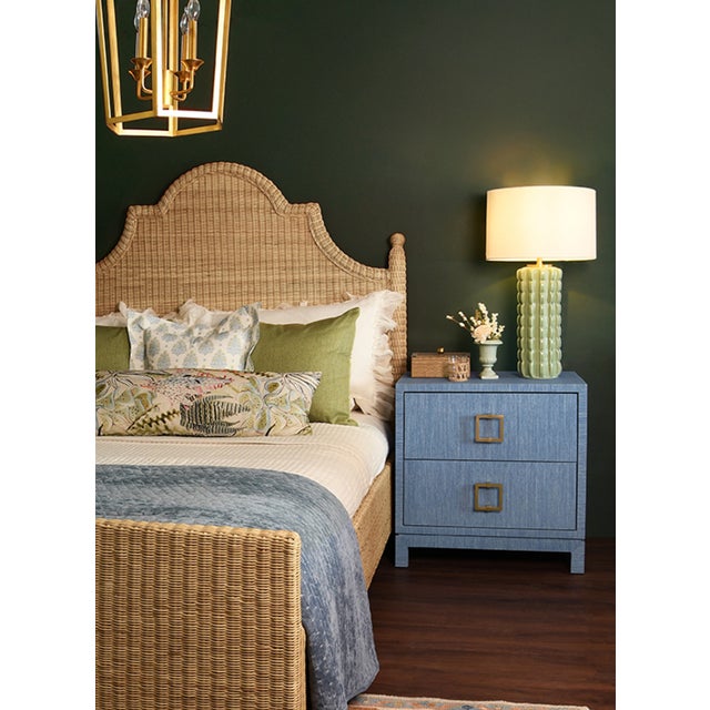 Contemporary Matthew Izzo Home Cole Light Blue Dyed Grasscloth Two Drawer Side Table/Nightstand With Glass Top and Large Satin Brass Square Hardware For Sale - Image 3 of 10