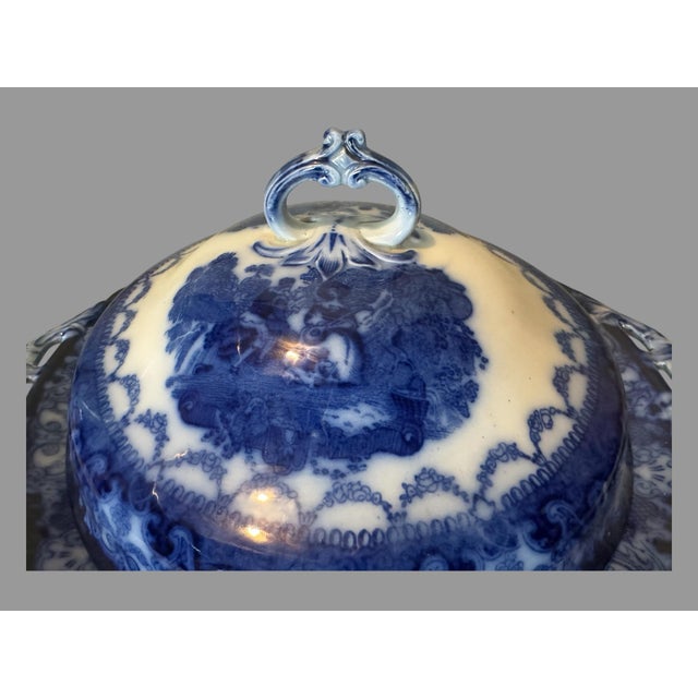 Ceramic Antique English Watteau Flow Blue Porcelain Covered Serving Dish Tureen For Sale - Image 7 of 12