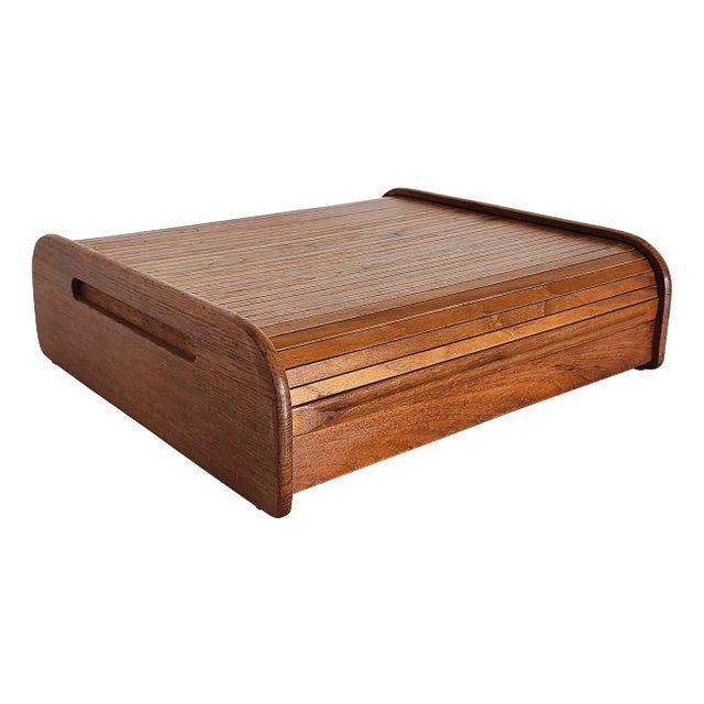 Mid 20th Century Teak Wood Tambour Desk Top Organizer Box For Sale