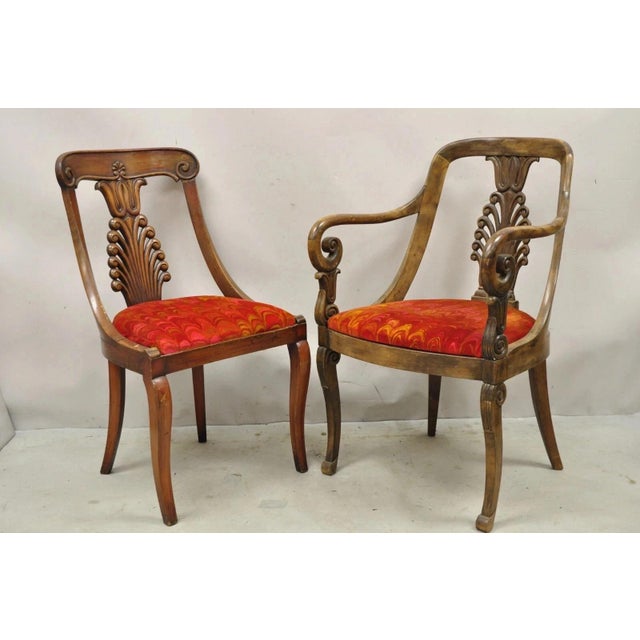 Neoclassical Mid 20th Century Italian Neoclassical Plume Carved Walnut Saber Leg Dining Chairs - Set of 6 For Sale - Image 3 of 12
