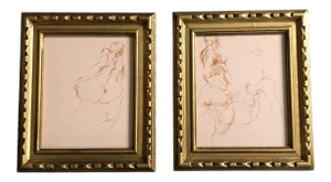 Gallery Wall Collection-2 Abstract Female Nude Sepia Watercolor Paintings 1960’s Signed-Set of 2