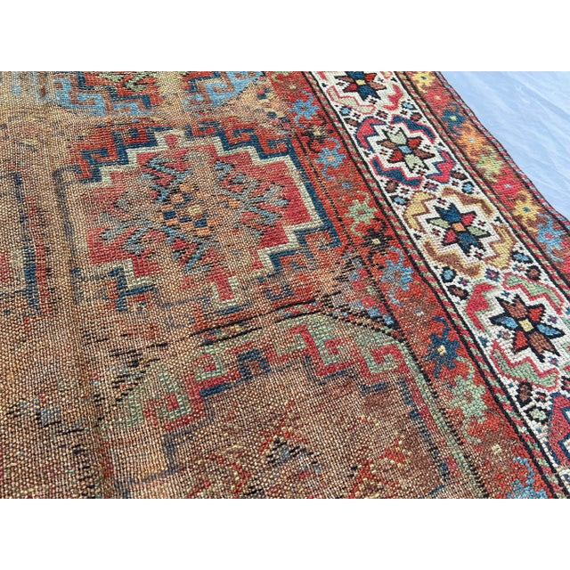 Vintage Caucasian Hand-Knotted Low Pile Rug – Distressed Geometric Tribal Rug For Sale - Image 6 of 11