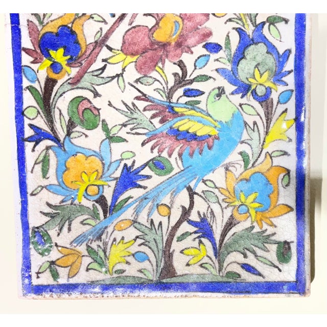 Ceramic Vintage Persian Ceramic Tile Hand Painted Polychrome Birds & Florals Qajar Style For Sale - Image 7 of 12