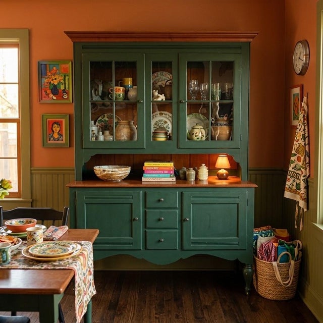 This charming Vintage Green Hutch features a rich forest green painted finish beautifully contrasted by warm natural wood...