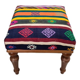Ethnic Kilim Upholstered Padded Footstool For Sale