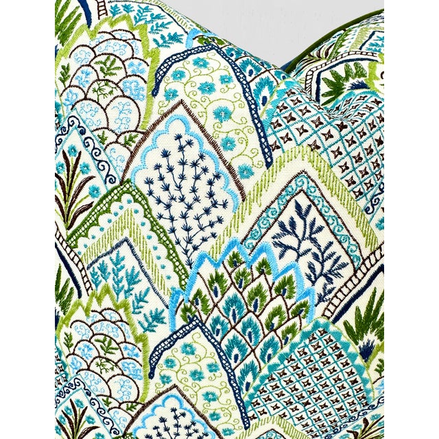 Blue Schumacher Albizia Embroidery Fabric / Blue & Green Pillow Pair For Sale - Image 8 of 11