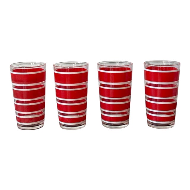 Mid 20th Century Red and White Striped Drinking Glasses — Set of Four For Sale