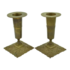 Mid Century Short Brass Candle Holder With Embossed Details Base - a Pair