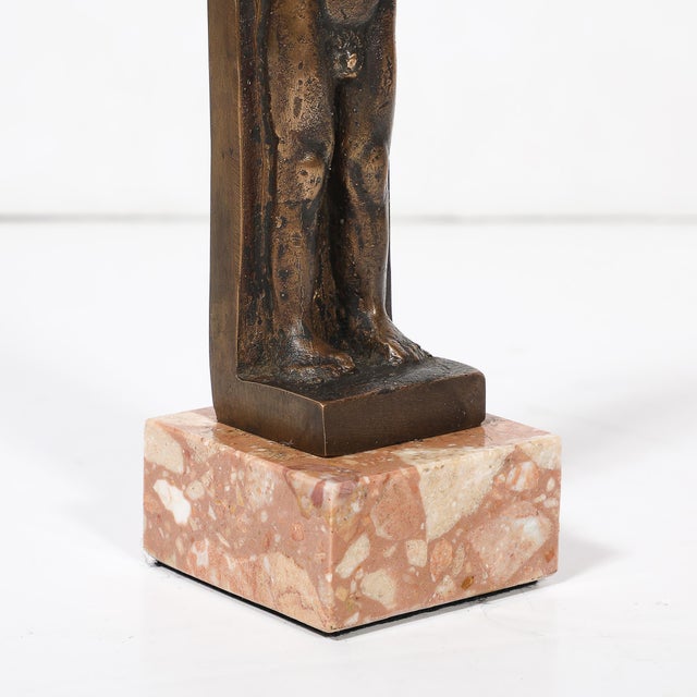 Art Deco Bronze Telamon Sculpture on Rectilinear Variegated Rose Hue Marble Base For Sale - Image 10 of 10