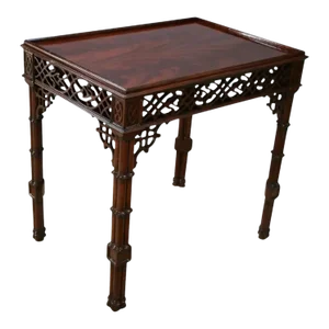1990s Vintage Williams Sonoma Coffee Table Flame Mahogany Top With Trellis Pierce Carved Style Apron