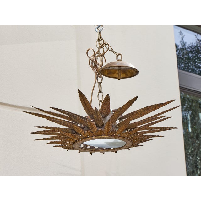 Mid 20th Century Spanish Gilt Metal Sunburst Chandelier with Frosted Glass For Sale - Image 4 of 11