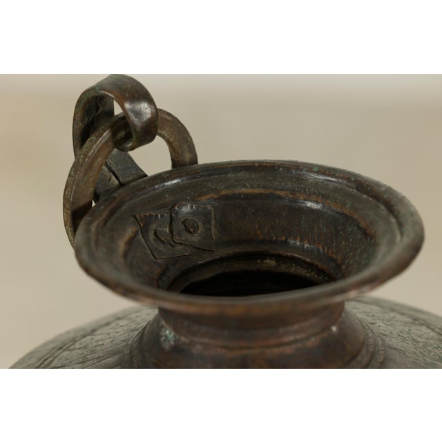 Chocolate Vintage Indian Hand-Tooled Metal Milk Jug with Ring Handle, Mid-20th Century For Sale - Image 8 of 13