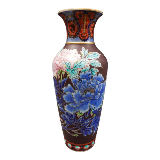 Mid 20th Century Chinese Signed Old Cloisonne on Porcelain Floral Foo Dogs Vase For Sale