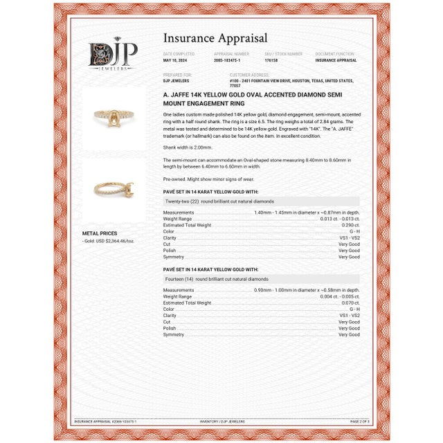 A. Jaffe 14k Yellow Gold Oval Accented Diamond Semi Mount Engagement Ring Size 6.5 For Sale - Image 9 of 10
