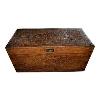 Antique Chinese Carved Camphor Chest Trunk For Sale