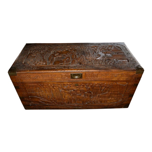 Antique Chinese Carved Camphor Chest Trunk For Sale
