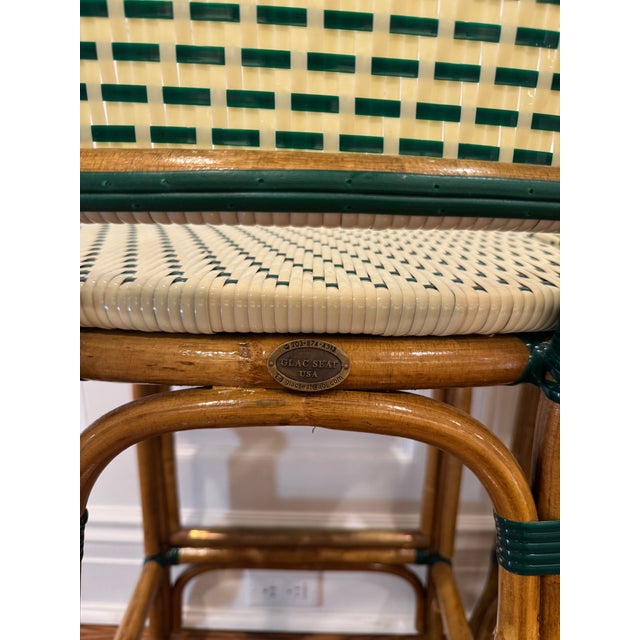 Set of 2 Rattan and Woven Vinyl French Bistro Stools by Glac Seat - Soft White and Hunter Green For Sale - Image 14 of 16
