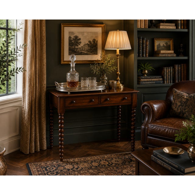 A handsome and practical antique Georgian mahogany side table dating from the early 19th century. The table stands on a...