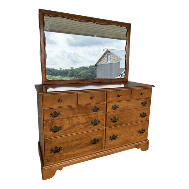 Ethan Allen 1776 Collection 6 Drawer Maple Double Dresser & Mirror For Sale