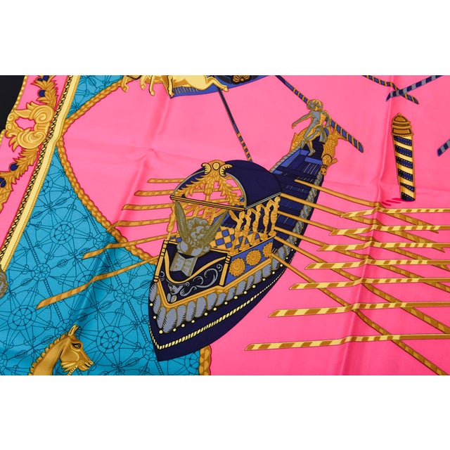 1970s Vintage Silk Hermes Scarf "Les Bissone De Venice" Hot Pink, Turquoise, Gold, Black, Gray, Purple For Sale - Image 10 of 11