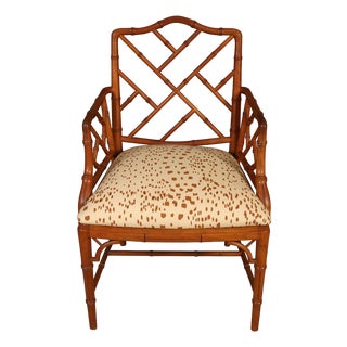 Chinese Chippendale Single Bamboo Chair With Lattice Back and Les Touches Fabric Seat For Sale