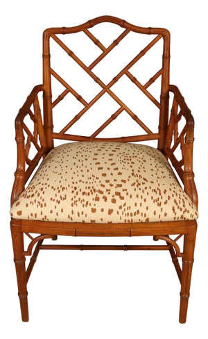 Chinese Chippendale Single Bamboo Chair With Lattice Back and Les Touches Fabric Seat