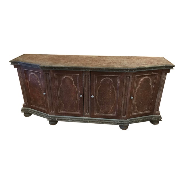 Console Weathered Burgundy and Black Painted Cabinet With Clipped Corners For Sale