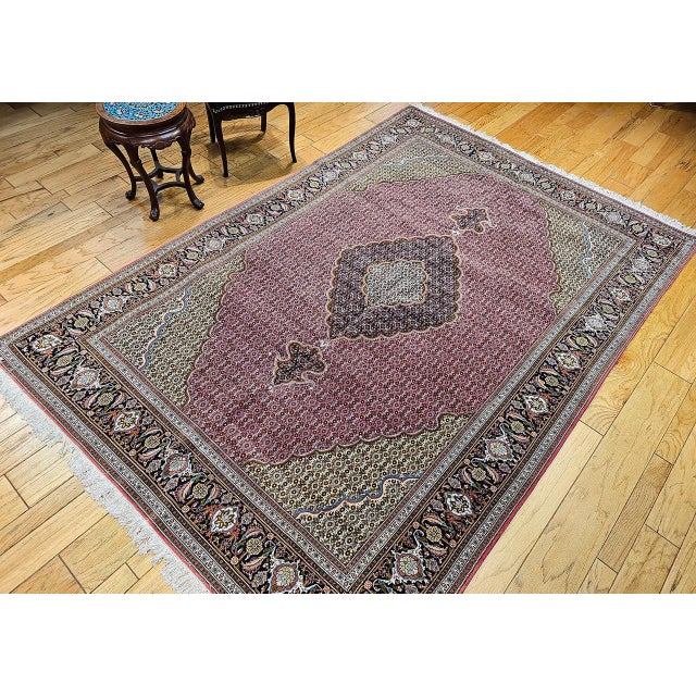 Antique Persian Tabriz Mahi Rug, Hand-Knotted Wool & Silk, Herati Geometric Pattern, Pomegranate Red & Tan, 7x10 For Sale - Image 9 of 18