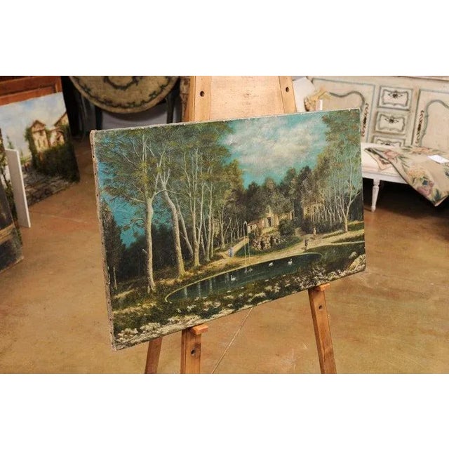 Green 19th Century French Hamlet with Circular Fountain Oil on Canvas Painting For Sale - Image 8 of 11