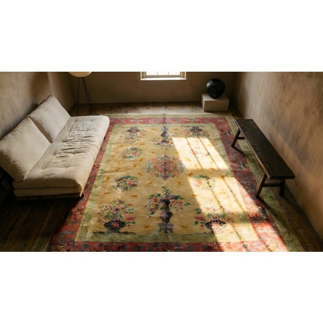 1920s Soft Yellow Field Antique Vase Floral Shou Symbols Chinese Art Deco Rug For Sale - Image 14 of 14