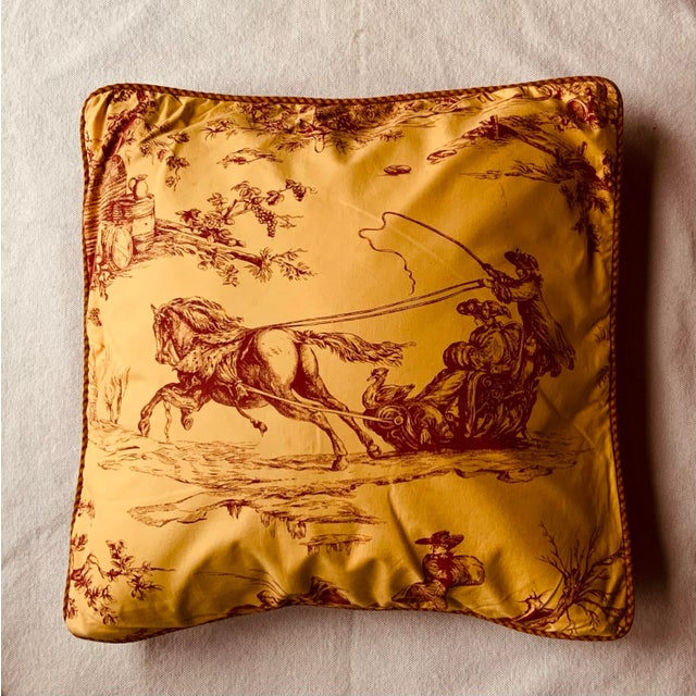 Yellow Toile De Jouy Throw Pillow Cover, Hivers Pattern, Red and Gold, 20-Inch Square For Sale - Image 8 of 12