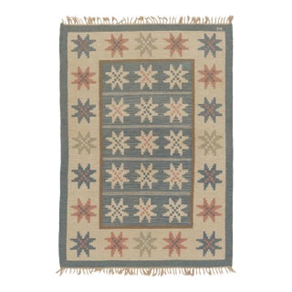 Vintage Swedish Kilim With Geometric Folk Motifs in Beige & Teal - Rug & Kilim For Sale