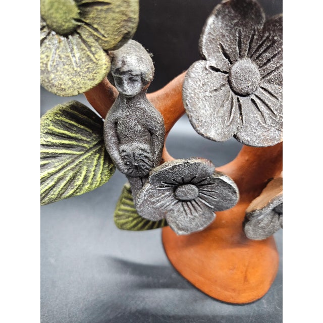 VTG Large Tree of Life Mexico Mexican Clay Candelabra Candle Holder Flower Bird For Sale - Image 4 of 5