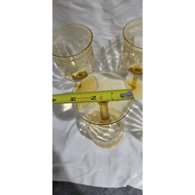 Vintage Yellow Depression Glass Wine/Water Glasses Set of 5 Etched For Sale - Image 4 of 5