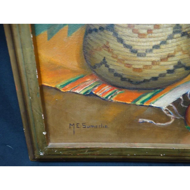 Mabel Sumerlin: Mexican Still life with baskets, textiles, pottery, fruit. Circa 1937. Oil on board, framed 26 x 26, art...