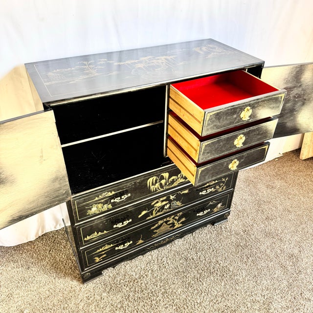 Chinese Black and Gold Hand Painted Highboy With Red Velvet For Sale - Image 10 of 11