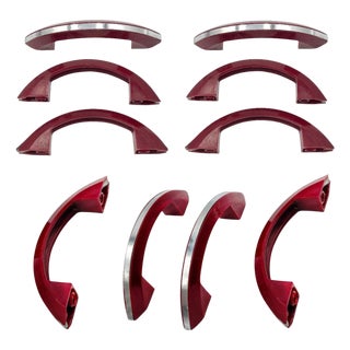 1930s Art Deco Maroon Red Catalin/Bakelite Drawer Pulls with Chrome Strip, Set of 10 For Sale