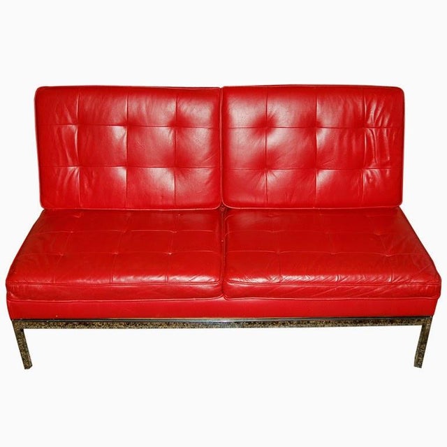Knoll Tufted Leather Slipper Sofa With Label in Lipstick Red For Sale - Image 9 of 9