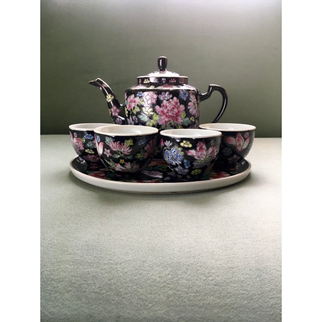 Ceramic Vintage Chinese Jewel-Tone Floral Motif Export Pottery Tea Set - 7 Pieces For Sale - Image 7 of 13
