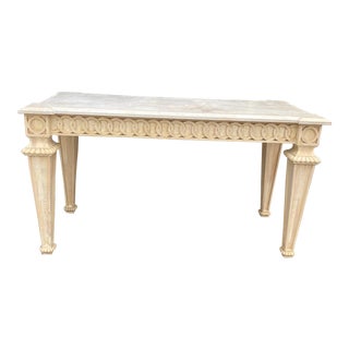 Mid 20th Century Vintage Travertine + Carved Wood Console For Sale
