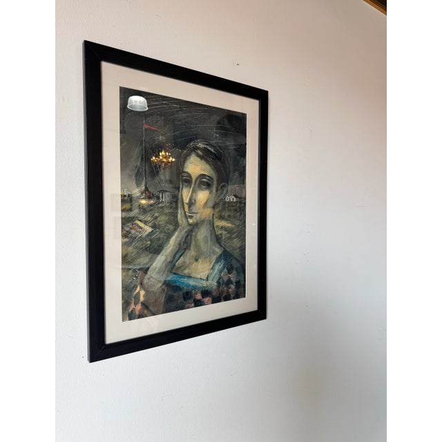 This evocative vintage watercolor painting by K. Urdi, captures a hauntingly beautiful portrait of a contemplative woman...