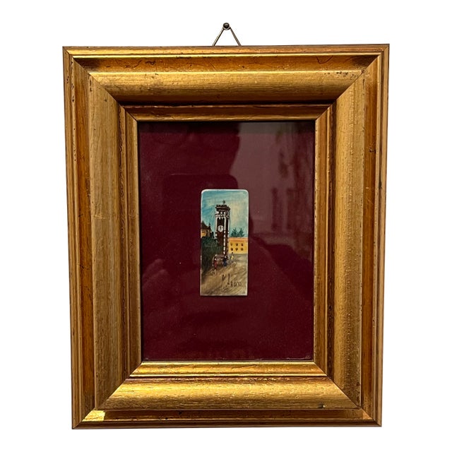 Mid Century Miniature Painting on Ivory Piano Key Clock Tower Italy Lauro For Sale