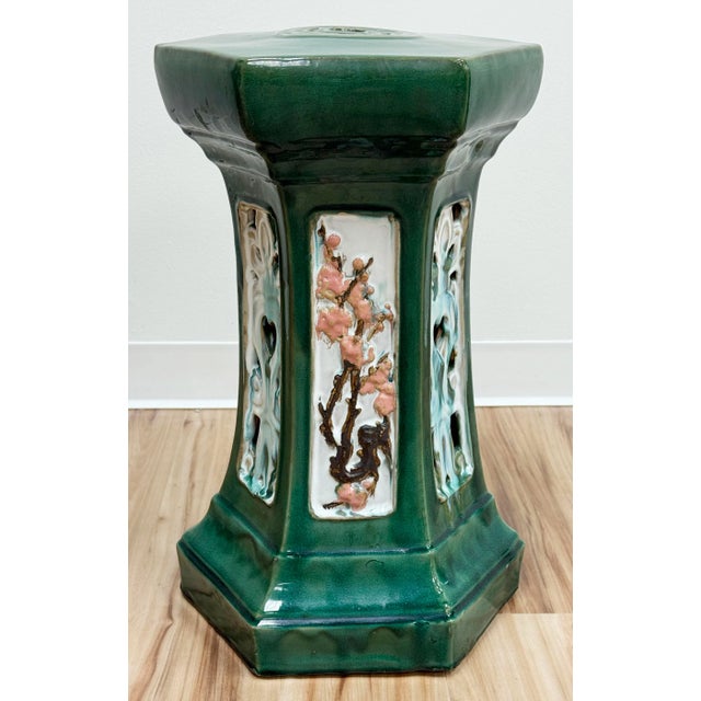 Vintage tall Majolica style pedestal garden stool mostly rich green in color with splashes of terra cotta and blue in a...