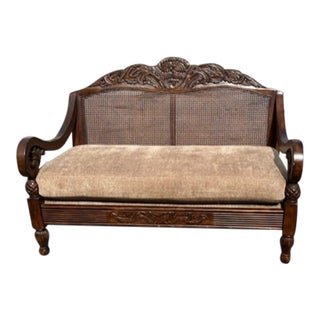 1980s Vintage Scrolled Carved Bench With Caning For Sale