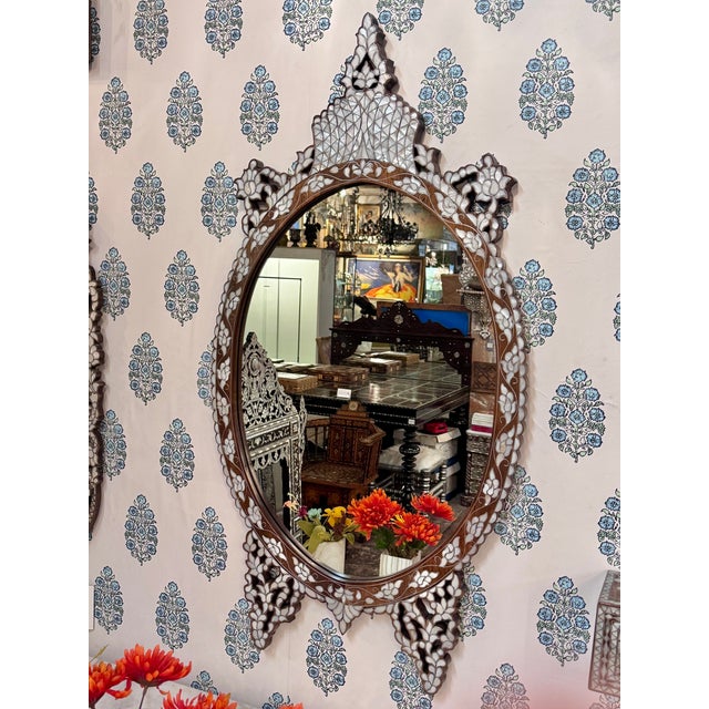 Contemporary Oval Mother of Pearl Inlaid Ornate Mirror For Sale - Image 3 of 8