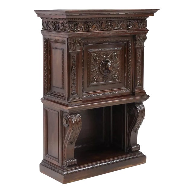 Early 1900s, Antique, Italian Renaiss. Revival, Carved, Walnut, Fall-Front, Cabinet For Sale
